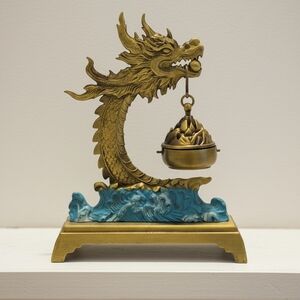 NEW Golden Dragon Incense Holder with Blue Waves